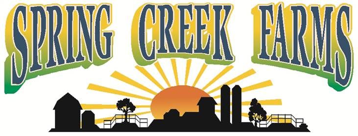 Gregory Stricker - Farm Logo Logo of Spring Creek Farms featuring a vibrant sunrise backdrop, with silhouettes of farm structures, including barns and silos, representing agricultural heritage and community.
