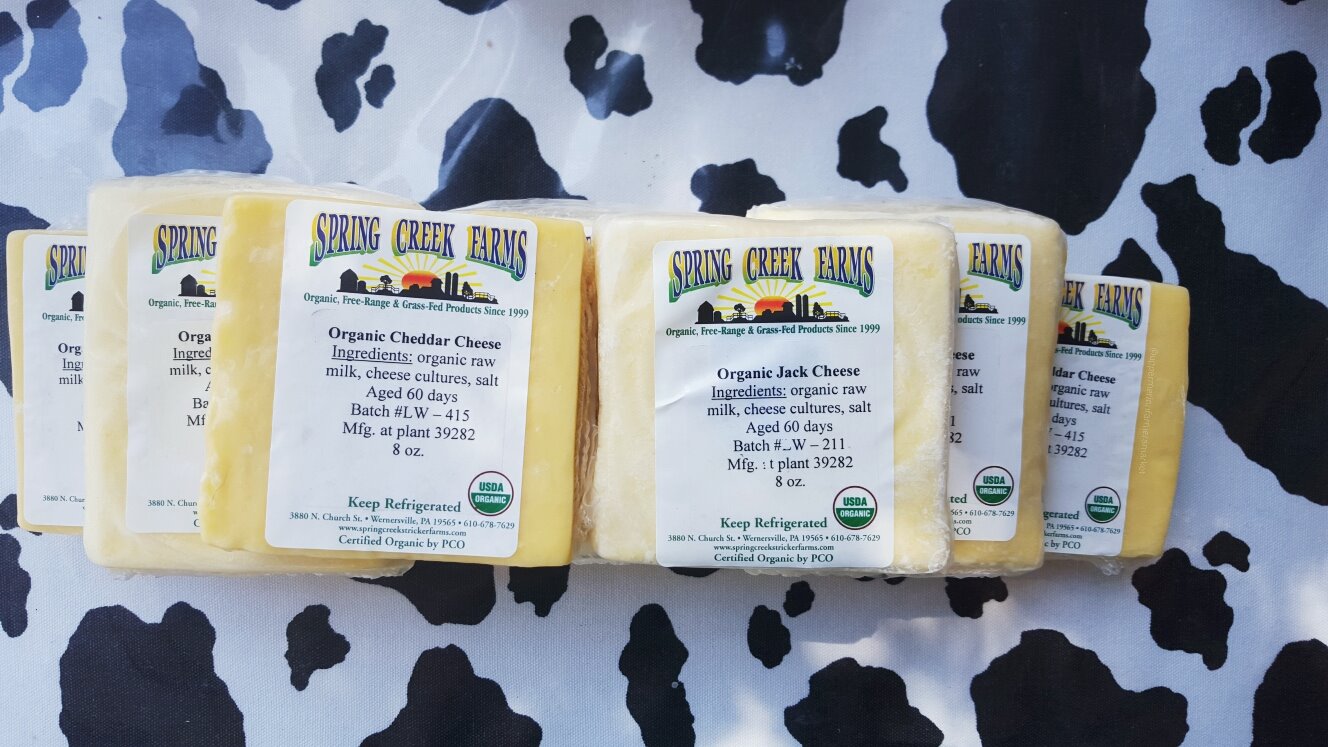 cheese1 Organic cheeses from Spring Creek Farms, including Cheddar and Jack varieties, displayed on a cow-patterned background. Each cheese label highlights ingredients like organic raw milk, cheese cultures, and salt, with aging details and USDA organic certification.