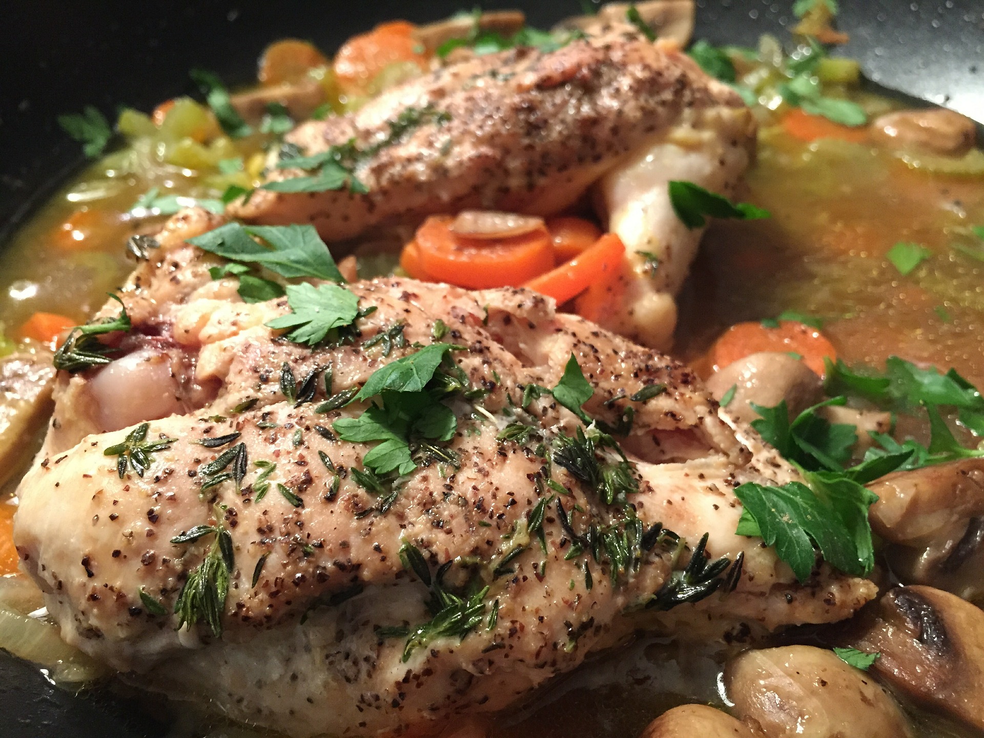 chicken-583761_1920 Close-up of seasoned chicken breasts simmering in a flavorful broth with carrots, celery, and mushrooms, garnished with fresh parsley for added color and taste. Ideal for healthy meal preparation and comfort food recipes.